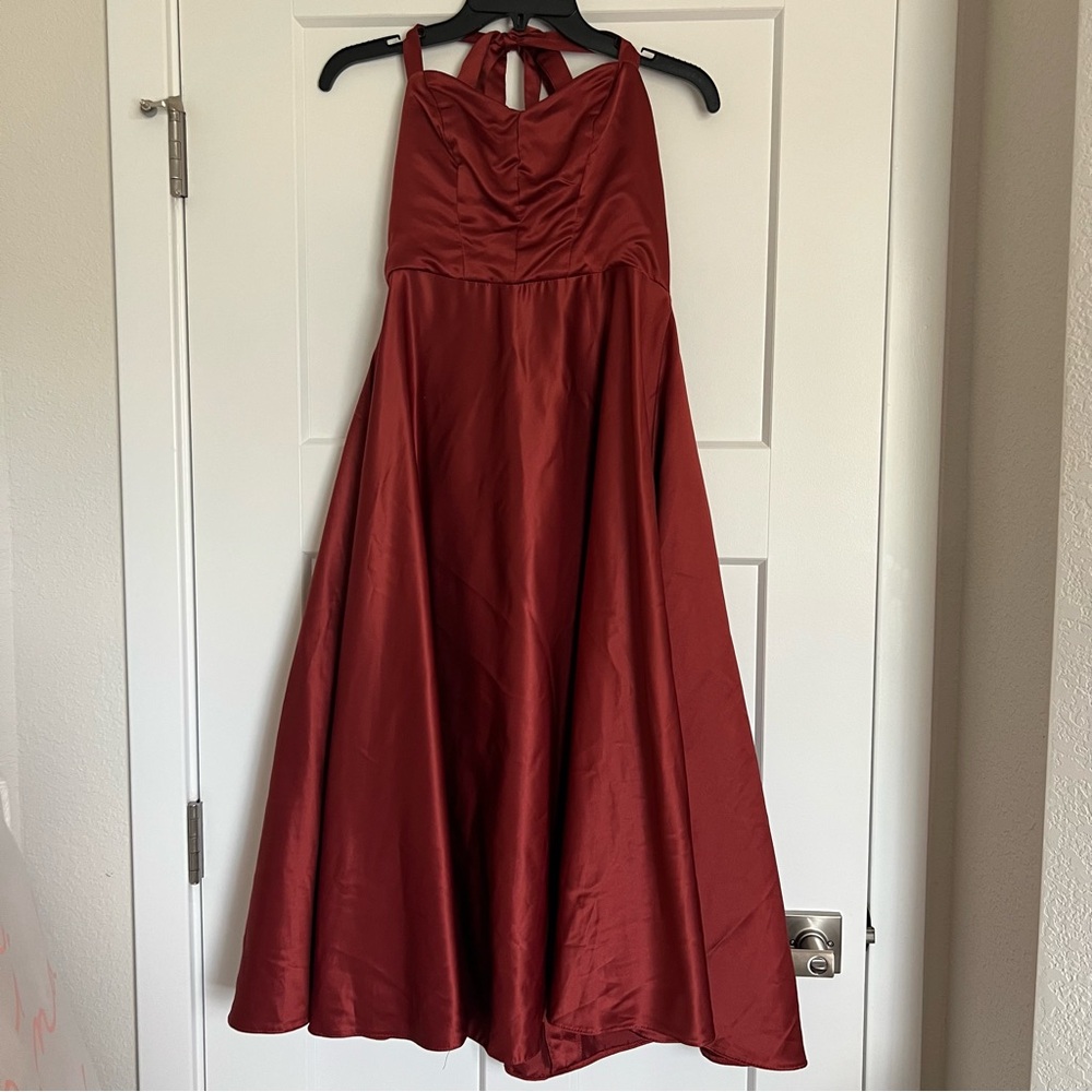 Azazie Halter Knee Length Satin Dress in Rust | Size A8